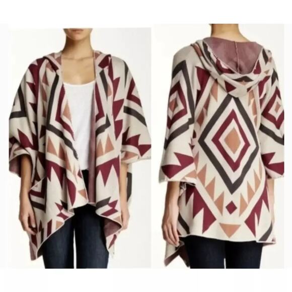 Billabong Boho Aztec Enchanted Days Hooded Cardigan Sweater Poncho Size‎ M - Picture 1 of 6